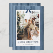 Navy Blue Stripe Bow Christmas Photo Holiday Card シーズンカード (正面/裏面)