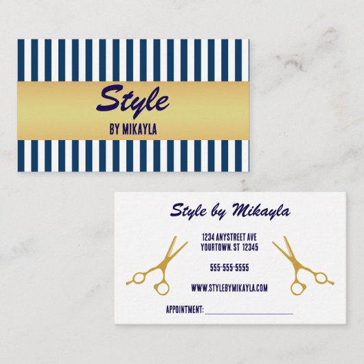 Navy Blue Stripes Gold Bar Stylist 名刺 (正面/裏面)