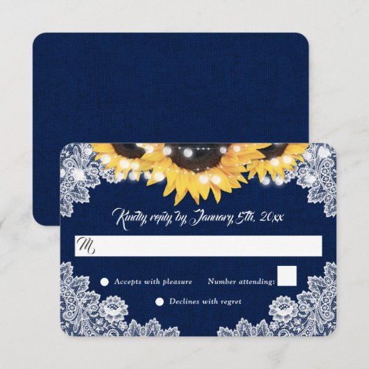 Navy Blue Sunflower Burlap Floral Lace Wedding 出欠カード (正面/裏面)