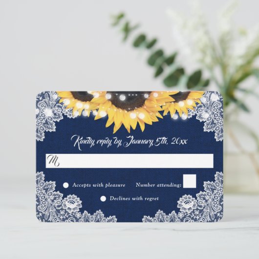 Navy Blue Sunflower Burlap Floral Lace Wedding 出欠カード (スタンド正面)
