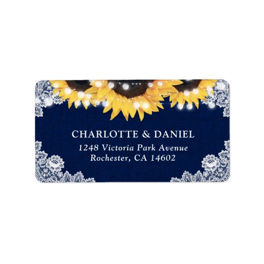 Navy Blue Sunflower Burlap Lace Address Labels ラベル (正面)