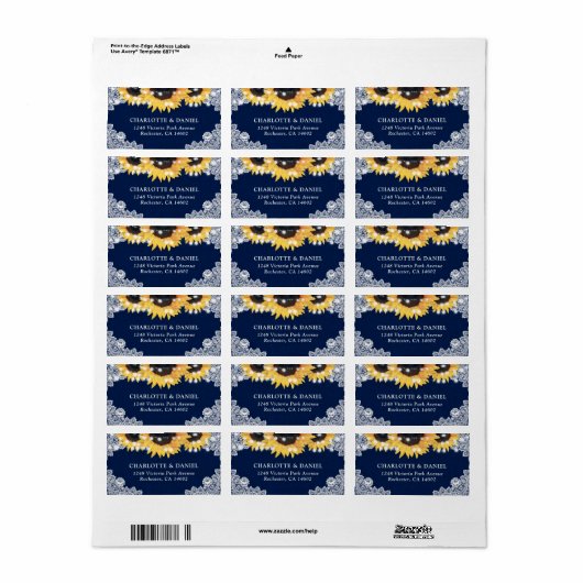 Navy Blue Sunflower Burlap Lace Address Labels ラベル (フルシート)