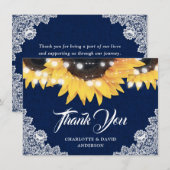 Navy Blue Sunflower Burlap String Lights Wedding サンキューカード (正面/裏面)