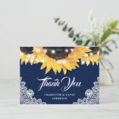Navy Blue Sunflower Burlap String Lights Wedding サンキューカード (スタンド正面)