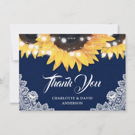 Navy Blue Sunflower Burlap String Lights Wedding サンキューカード (正面)