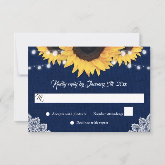 Navy Blue Sunflower Burlap String Lights Wedding 出欠カード (正面)