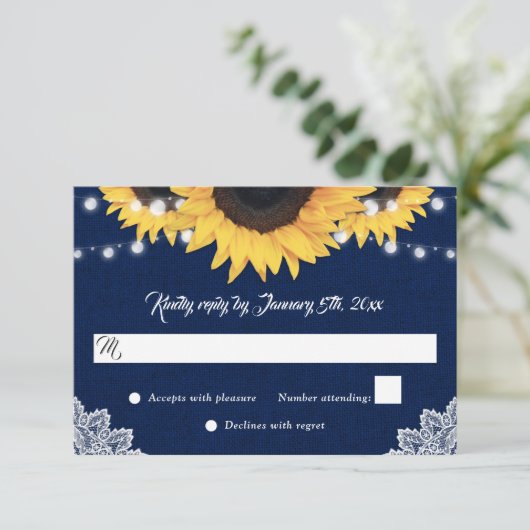 Navy Blue Sunflower Burlap String Lights Wedding 出欠カード (スタンド正面)