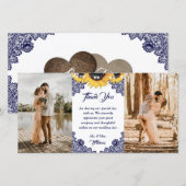 Navy Blue Sunflower Floral Lace Photo Wedding サンキューカード (正面/裏面)