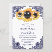 Navy Blue Sunflower Floral Lace Rustic Wedding 招待状 (正面)