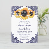 Navy Blue Sunflower Floral Lace Rustic Wedding 招待状 (スタンド正面)