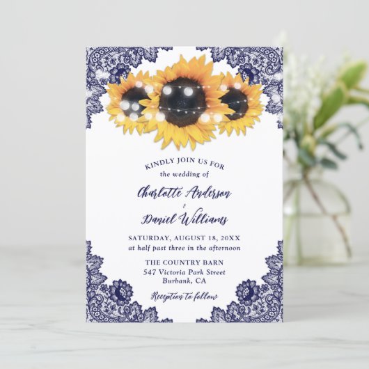 Navy Blue Sunflower Floral Lace Rustic Wedding 招待状 (スタンド正面)