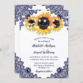 Navy Blue Sunflower Floral Lace Rustic Wedding 招待状 (正面/裏面)