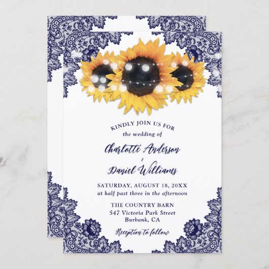 Navy Blue Sunflower Floral Lace Rustic Wedding 招待状 (正面/裏面)