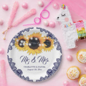 Navy Blue Sunflower Floral Lace Wedding ペーパープレート (パーティー)