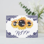 Navy Blue Sunflower Floral Lace Wedding 出欠カード (スタンド正面)