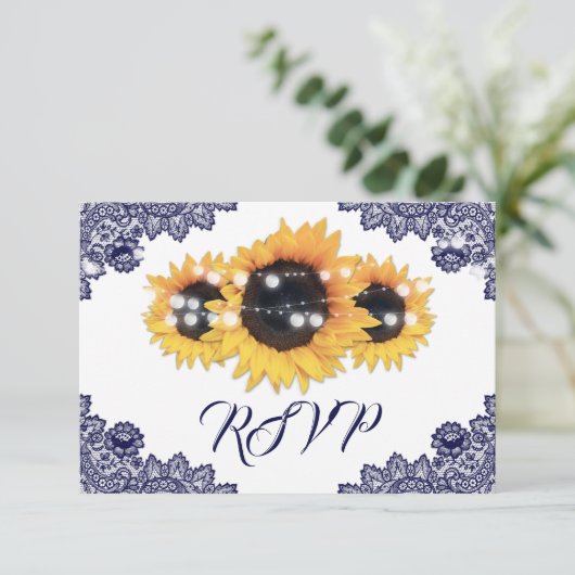Navy Blue Sunflower Floral Lace Wedding 出欠カード (スタンド正面)