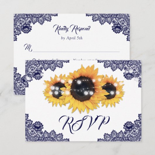 Navy Blue Sunflower Floral Lace Wedding 出欠カード (正面/裏面)