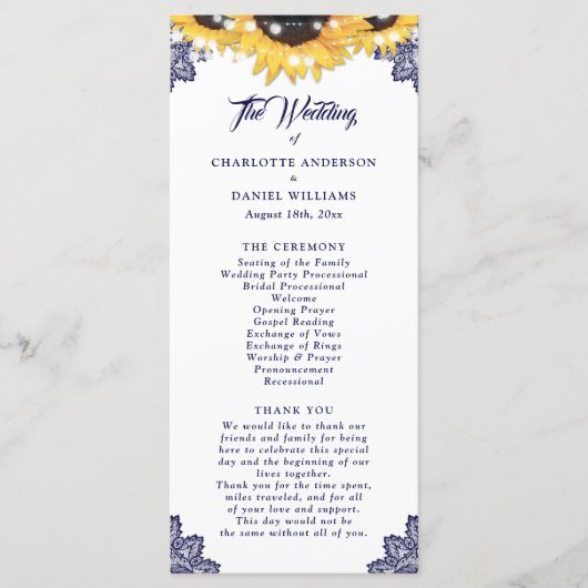 Navy Blue Sunflower Floral Lace Wedding Program プログラム (正面)
