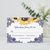 Navy Blue Sunflower Lace Burlap Hearts Wedding 出欠カード (スタンド正面)
