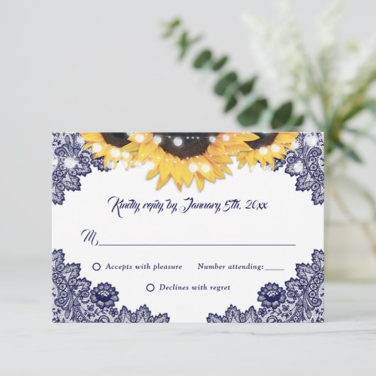 Navy Blue Sunflower Lace Burlap Hearts Wedding 出欠カード (スタンド正面)