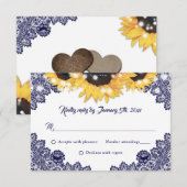 Navy Blue Sunflower Lace Burlap Hearts Wedding 出欠カード (正面/裏面)