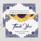 Navy Blue Sunflower Lace Elegant Script Wedding サンキューカード (正面/裏面)