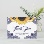 Navy Blue Sunflower Lace Elegant Script Wedding サンキューカード (スタンド正面)