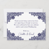 Navy Blue Sunflower Lace Elegant Script Wedding サンキューカード (裏面)
