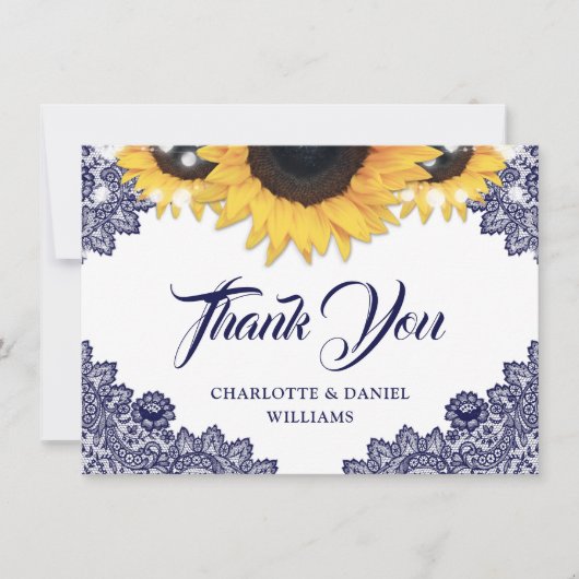 Navy Blue Sunflower Lace Elegant Script Wedding サンキューカード (正面)