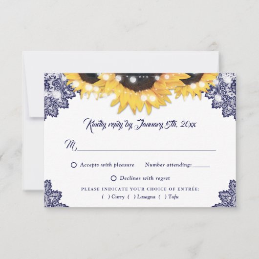 Navy Blue Sunflower Lace Wedding Meal Choice 出欠カード (正面)