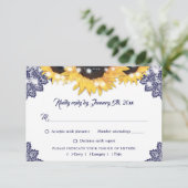 Navy Blue Sunflower Lace Wedding Meal Choice 出欠カード (スタンド正面)