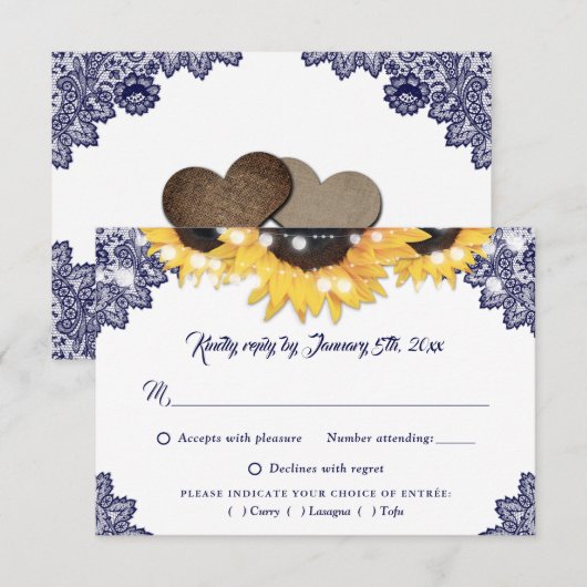 Navy Blue Sunflower Lace Wedding Meal Choice 出欠カード (正面/裏面)
