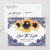 Navy Blue Sunflower Lace Wedding Save The Date 案内ポストカード (正面/裏面)