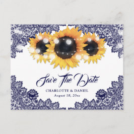 Navy Blue Sunflower Lace Wedding Save The Date 案内ポストカード