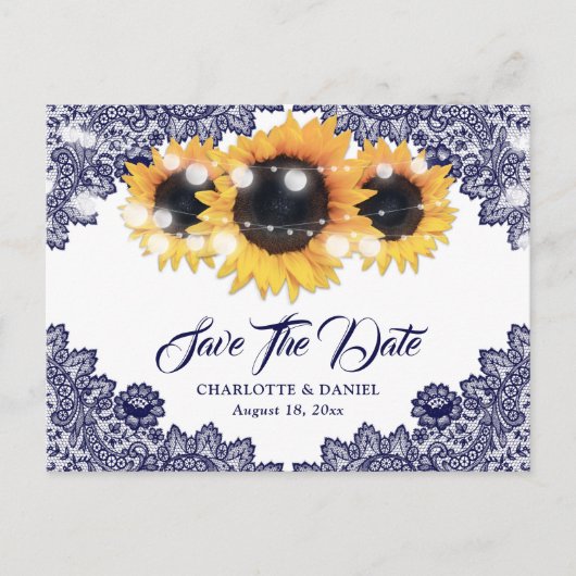Navy Blue Sunflower Lace Wedding Save The Date 案内ポストカード (正面)
