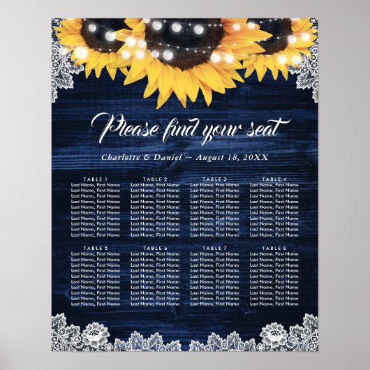 Navy Blue Sunflower Lace Wedding Seating Chart 8 ポスター (正面)
