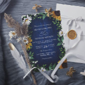 Navy Blue Sunflower Rustic Budget QR Code Wedding 招待状
