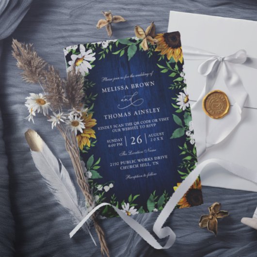 Navy Blue Sunflower Rustic Budget QR Code Wedding 招待状