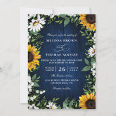 Navy Blue Sunflower Rustic Budget QR Code Wedding 招待状 (正面)