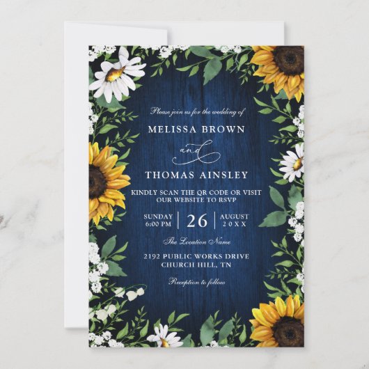 Navy Blue Sunflower Rustic Budget QR Code Wedding 招待状 (正面)