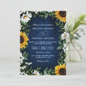 Navy Blue Sunflower Rustic Budget QR Code Wedding 招待状 (スタンド正面)