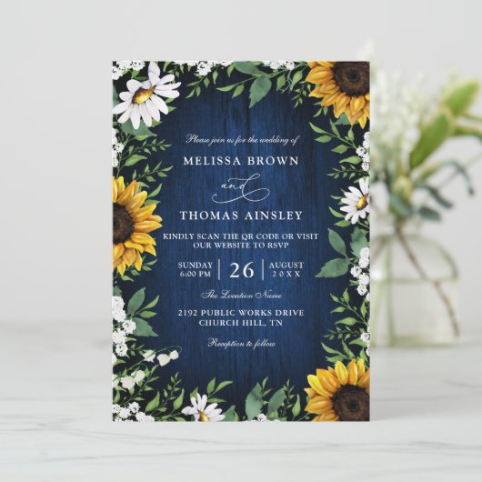 Navy Blue Sunflower Rustic Budget QR Code Wedding 招待状 (スタンド正面)