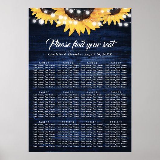 Navy Blue Sunflower Rustic Wood Seating Chart 12 ポスター (正面)