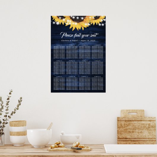Navy Blue Sunflower Rustic Wood Seating Chart 12 ポスター (キッチン)