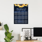 Navy Blue Sunflower Rustic Wood Seating Chart 12 ポスター (ホームオフィス)