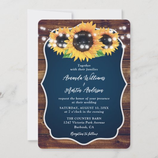 Navy Blue Sunflower Rustic Wood Wedding 招待状 (正面)