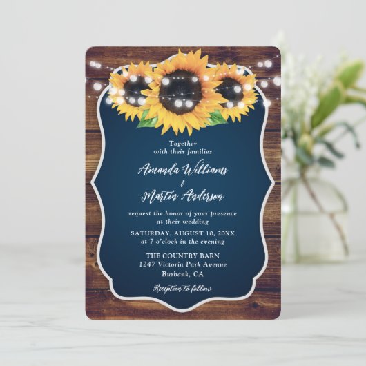 Navy Blue Sunflower Rustic Wood Wedding 招待状 (スタンド正面)