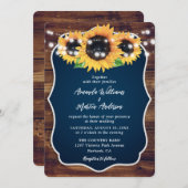 Navy Blue Sunflower Rustic Wood Wedding 招待状 (正面/裏面)