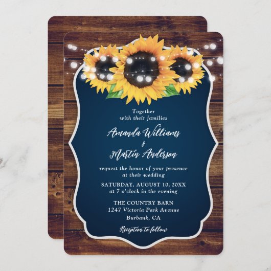 Navy Blue Sunflower Rustic Wood Wedding 招待状 (正面/裏面)