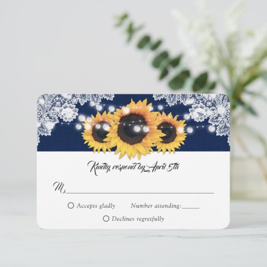 Navy Blue Sunflower String Lights Burlap Wedding 出欠カード (スタンド正面)